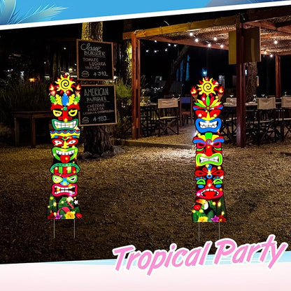 Queekay 2 Pcs Tiki Yard Sign Luau Hawaiian Tropical Party Decoration Outdoor Tiki Bar Sign with Stakes for Summer(Lighted Style)