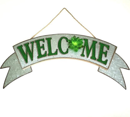 Rustic Farmhouse Welcome Sign Galvanized Metal Sign Green Lettering with 3-D Green Succulent Accent for Entrance, Porch, Patio, Wall Decor, Indoor/Outdoor