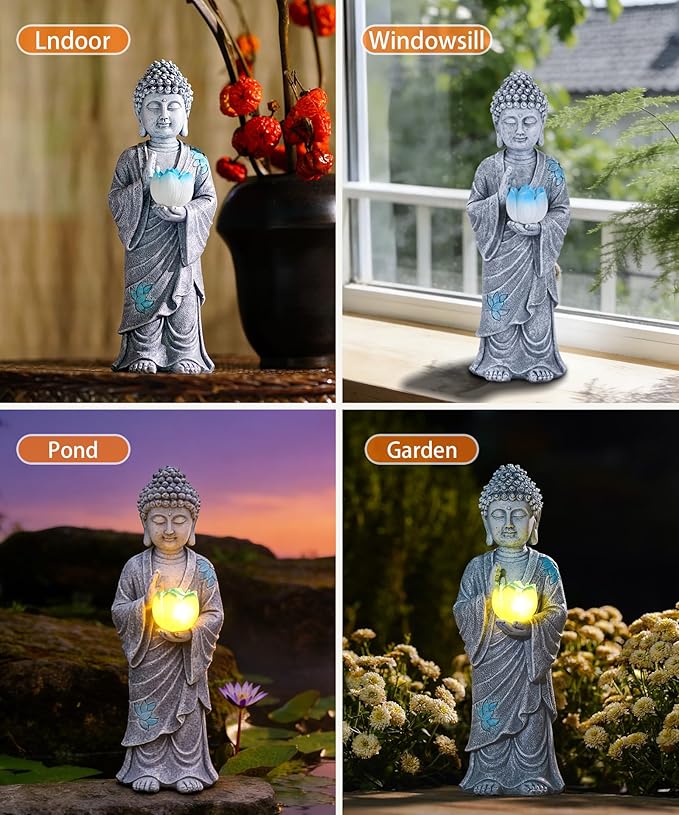Nacome Solar Buddha Garden Statue Decor: Resin Zen Decor Waterproof Sitting Figurine with Lotus Flower Light Design for Outside Patio Lawn Yard Balcony - 11 inches(Gray)
