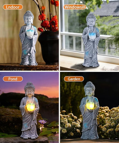 Nacome Solar Buddha Garden Statue Decor: Resin Zen Decor Waterproof Sitting Figurine with Lotus Flower Light Design for Outside Patio Lawn Yard Balcony - 11 inches(Gray)