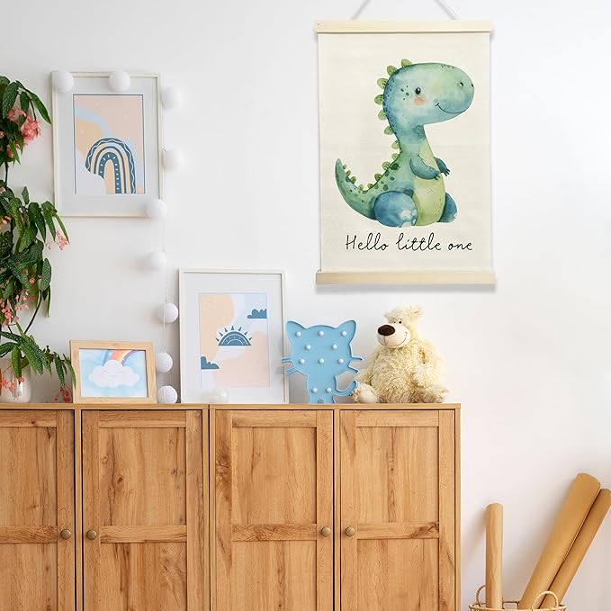 NQDWX Dinosaur Wood Poster Hanger - Playful Dino Wall Decor for Kids Room, 12x17 Inch Rustic Wooden Hanging Sign, Cute Dinosaur Banner, Unique Nursery Decor Gift for Boys & Girls. (156)