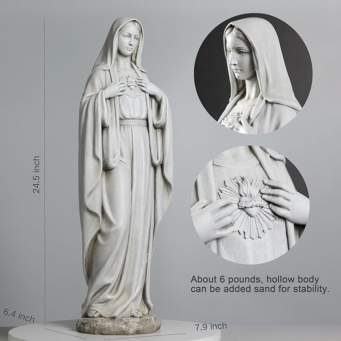 BC Catholic Immaculate Heart of Virgin Mary Statue, 24.5" H Large Holy Mother Statue for Garden, Mother Mary Outdoor Décor for Yard Patio Lawn Hallway, Catholic Gift, Handpainted by Buildclassic