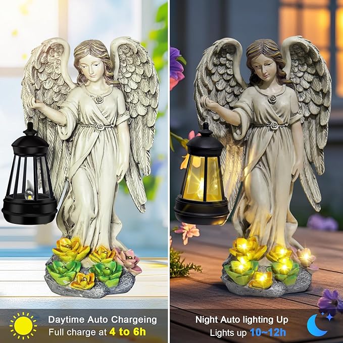 NBQQ Angel Outdoor Garden Decor, 11.8 inches Waterproof Statue with Solar Light for Outside Yard Art, Patio Balcony Front Lawn Ornaments, Warm White Automatic LED, Gifts for Mom Grandma Women