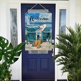 Hzppyz Welcome Summer Beach Coastal Nautical House Flag Double Sided, Ocean Blue Sea Myosotis Sylvatica Chairs Decorative Garden Yard Outdoor Large Decor, Burlap Home Outside Decoration 28 x 40