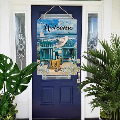 Hzppyz Welcome Summer Beach Coastal Nautical House Flag Double Sided, Ocean Blue Sea Myosotis Sylvatica Chairs Decorative Garden Yard Outdoor Large Decor, Burlap Home Outside Decoration 28 x 40
