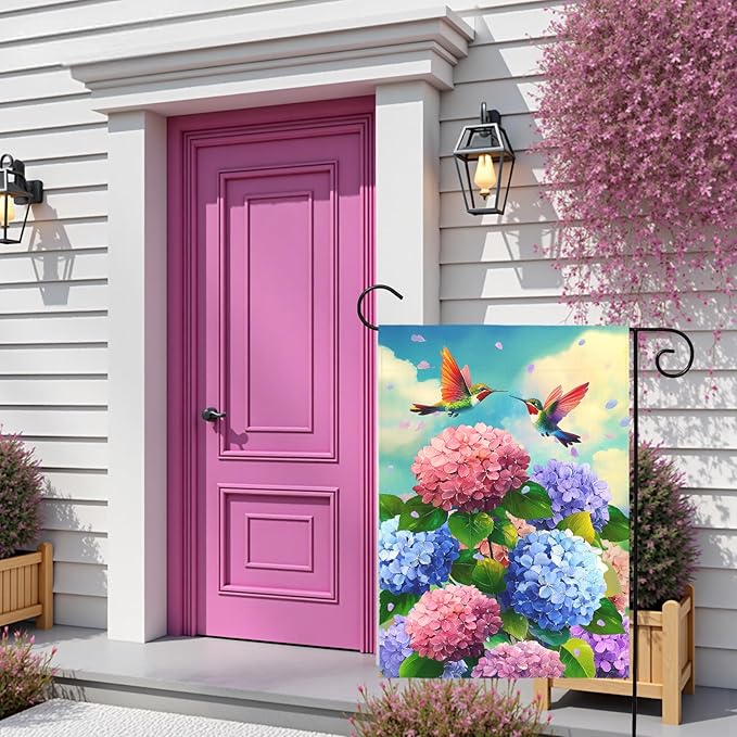 Spring Hummingbird Hydrangea Garden Flag Summer Floral Bird Outdoor Yard Flags Double Sided Flower House Banner Colorful Bloom Patio Lawn Porch Yard Seasonal Nature Home Decor 12x18 Inch