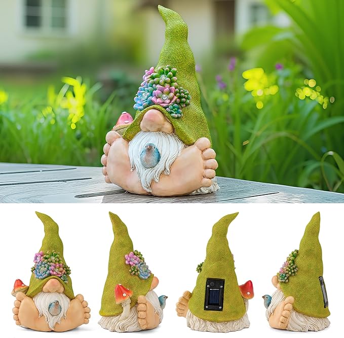 Joint Honglin Solar Turtle Garden Statue with Bunny and LED Succulent Flowers – Outdoor Lawn Decor with Lights, Cute Animal Yard Ornament for Patio, Pathway, or Garden Gift (Gnome)