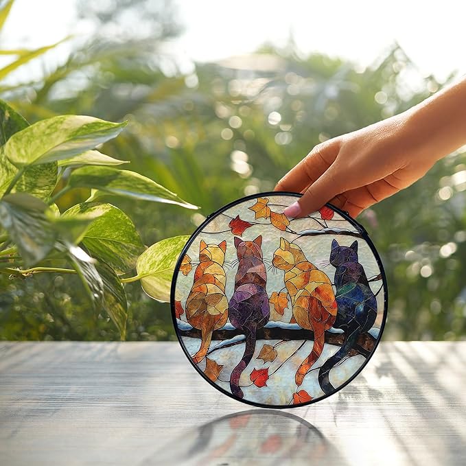 Cat Gifts Winter Suncatcher Stained Glass Window Hanging, Rustic Autumn Black Cat Sun Catchers Indoor Window Glass Wall Art Decor, Fall Wall Hanging Decor Decorations, 7.9x7.9 Inch