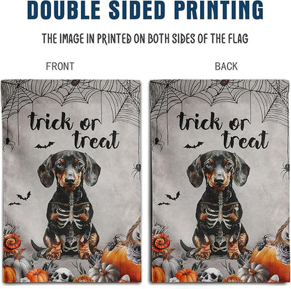 Halloween Dachshund Garden Flag Trick or Treat Yard Sign Ghost Wiener Dog Skeleton Banner for Outside 12x18 Double Sided Outdoor Lawn Decor Small