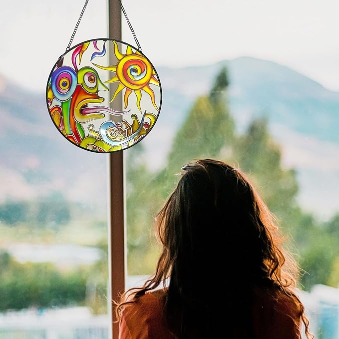 Artistic Sunrise Suncatcher Stained Glass Window Hanging, 7.9'' Abstract Sun Face Suncatchers Garden Hangings with Metal Chain