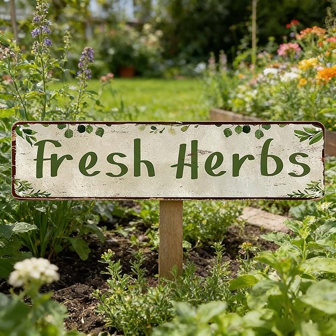 Herb Garden Signs for Outside Funny Gardening Metal Tin Sign Rustic Outdoor Fresh Herbs Sign for Farm Yard Herb Garden Home Wall Art Decor, Weatherproof Metal Garden Signs for Outside 4×16 Inch