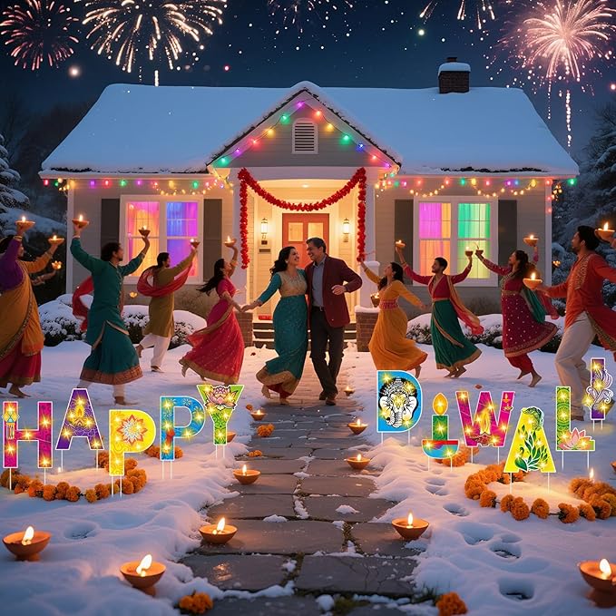 11 Pcs Happy Diwali Yard Stake Sign with LED String Lights Diwali Outdoor Decorations Festival of Indian Lights Party Stakes for Yard Lawn Decor Garden Pathway Decor Photo Booth Props