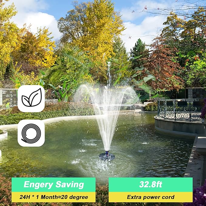 Jutai Electric Floating Pond Fountain Colorful LED Lights DC 12V, Built-in Filter System, Waterfall Fountain Pump,32.8ft Power Cord, Day and Night Lighting, Energy Saving for Above Ground Pools
