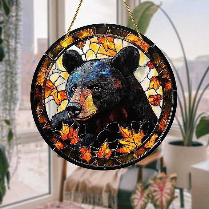 8x8 inch Charming Black Bear Autumn Acrylic Stained Glass Window Hanging Sun Catcher Decor Stained Panel Hangings Wall Art Decor, for Friends and Family (Black Bear)