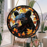 8x8 inch Charming Black Bear Autumn Acrylic Stained Glass Window Hanging Sun Catcher Decor Stained Panel Hangings Wall Art Decor, for Friends and Family (Black Bear)