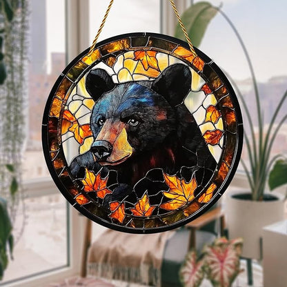 8x8 inch Charming Black Bear Autumn Acrylic Stained Glass Window Hanging Sun Catcher Decor Stained Panel Hangings Wall Art Decor, for Friends and Family (Black Bear)