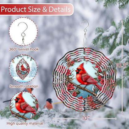 3D Red Cardinal Wind Spinner 10 Inch Stainless Steel Bird Wind Sculpture Kinetic Art Hanging Ornament for Outdoor Garden, Yard, Patio, and Home Decoration Christmas Decor