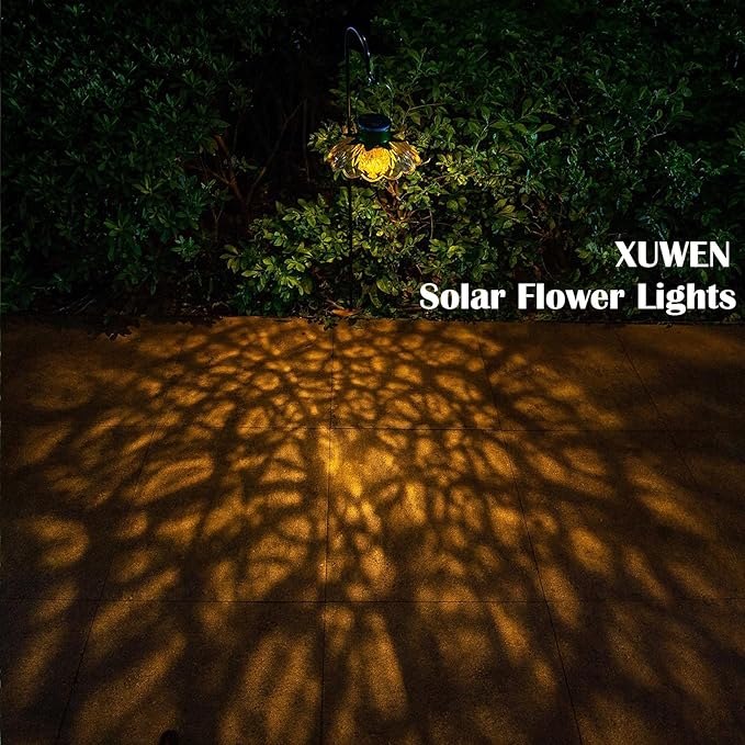 XUWEN Hanging Solar Lantern Outdoor - Yellow Solar Flower Lights with Crackle Globe Glass, Hanging Lanterns Decorative Outdoor for Walkway Pathway Patio Yard, Christmas Housewarming Gifts for Women.
