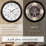 18 Inch Illuminated in/Outdoor Clock with Smart Sensor and Night Light, Waterproof, Large Wall Clock with Thermometer & Hygrometer for Patio,Pool and Garden Decor,Oil Rubbed Bronze