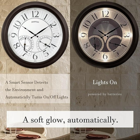 18 Inch Illuminated in/Outdoor Clock with Smart Sensor and Night Light, Waterproof, Large Wall Clock with Thermometer & Hygrometer for Patio,Pool and Garden Decor,Oil Rubbed Bronze