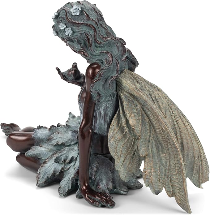 Napco Imports Weathered Bronzetone Sitting Fairy with Bird 12 x 19 Resin Stone Outdoor Garden Statue