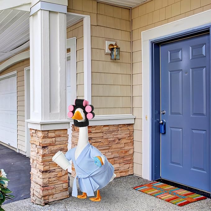 Shyyween Spring Porch Goose Outfits 23 Inch Lady Plastic Porch Goose Outfit Winter Pjs Light Blue Bathrobe Coffee Cup Curlers Cement Concrete Lawn Geese House Summer Statue Clothes