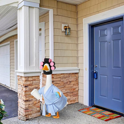 Shyyween Spring Porch Goose Outfits 23 Inch Lady Plastic Porch Goose Outfit Winter Pjs Light Blue Bathrobe Coffee Cup Curlers Cement Concrete Lawn Geese House Summer Statue Clothes