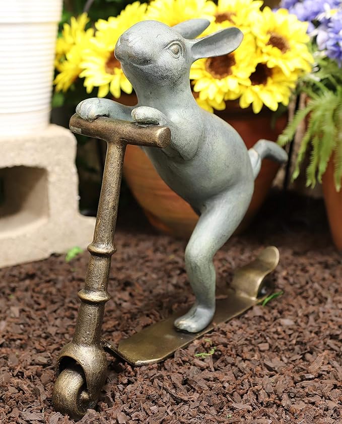 Ebros Gift Large Aluminum Metal Verdigris Whimsical Speedy Bunny Rabbit Riding On Scooter 3D Art Garden Stake Statue 18.25" Long for Outdoors Yard Pool Home Decorative Accent