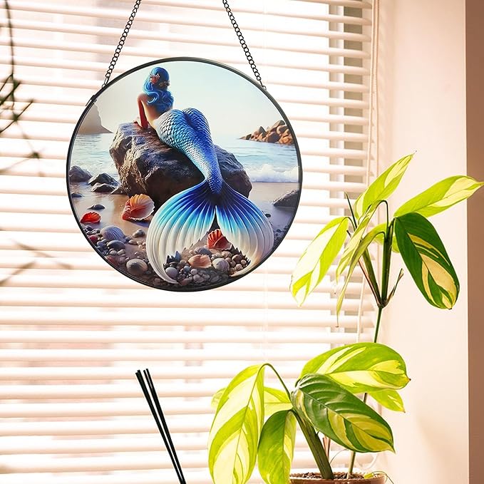 Mermaid Stained Glass Window Hanging, Sun Catcher for Windows Hanging Mermaid Wall Decor Ocean Wall Art Decor for Home, Aquarium, Gifts for Women
