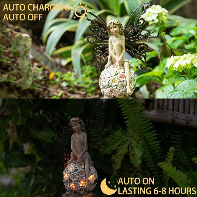 Suyorpe Flower Fairy Garden Decor,Garden Fairy Statues Outdoor,Solar Powered Outdoor Fairy Figurine Accessories,Patio Lawn Yard Porch, Resin Ornaments for Outside Gifts,9.45 Inches Tall