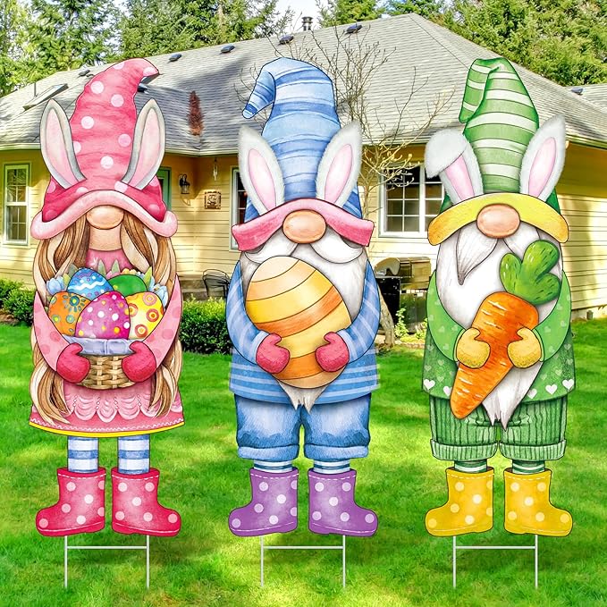 Umigy 3 Pcs Easter Yard Sign Gnome Outdoor Sign with Stakes 32 x 10 Inch Gnome Lawn Decor Easter Yard Lawn Decor for Home Pathway Walkway