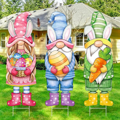 Umigy 3 Pcs Easter Yard Sign Gnome Outdoor Sign with Stakes 32 x 10 Inch Gnome Lawn Decor Easter Yard Lawn Decor for Home Pathway Walkway