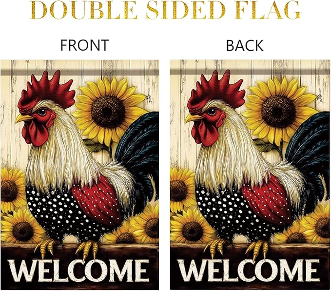 Spring Summer Garden Flag 12x18 Inch Welcome Rooster Sunflower Farm Animal Rustic Country Design Outdoor Yard Porch Lawn for Seasonal Farmhouse Home Decor