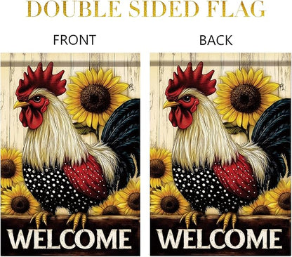 Spring Summer Garden Flag 12x18 Inch Welcome Rooster Sunflower Farm Animal Rustic Country Design Outdoor Yard Porch Lawn for Seasonal Farmhouse Home Decor