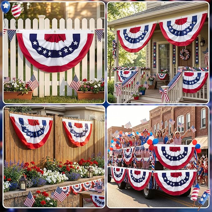6 x 3 Ft 4th of July Decorations Big American Pleated Fan Flag, 3 Pcs Patriotic Decorations American Flag Bunting, Red White and Blue Half Fan Banner Bunting Flags Outdoor Indoor for Memorial Day Decor