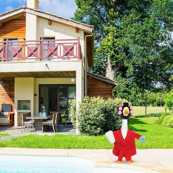 Shyyween Spring Porch Goose Outfits 23 Inch Lady Goose Robe and Curlers Red Pajamas Coffee Cup Cement Concrete Front Porch Geese Clothes Summer Statue Costumes Accessories