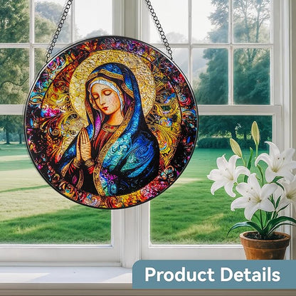 Suncatcher Stained Glass Window Hanging - Mother Mary Glass Panel with Metal Chain and Hooks Handmade Sun Catcher Decoration for Window Garden Home Christmas & Birthday Gifts (7.8 Inch)