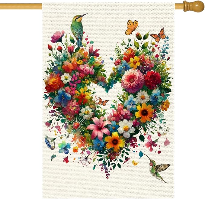 Colorful Floral Love Hearts Garden Flag 28X40 Inch Double Sided Small Burlap Birds Flowers Butterflies Outdoor Decorations Spring Summer Garden Flags Patio Yard Outside Decor