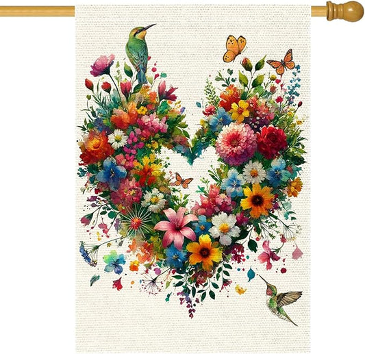 Colorful Floral Love Hearts Garden Flag 28X40 Inch Double Sided Small Burlap Birds Flowers Butterflies Outdoor Decorations Spring Summer Garden Flags Patio Yard Outside Decor