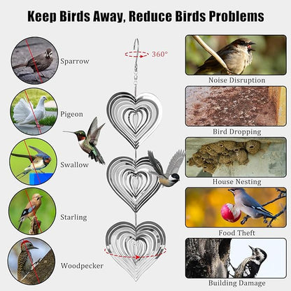 Bird Scare Discs Set Reflective Wind Spinners Outdoor Decor 3D Metal Bird Reflectors Devices Deterrents to Keep Woodpecker Pigeon Away from House Window Outside Patio Yard Porch Fruit Trees