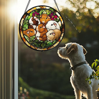 Stained Glass Window Hanging 6 Cute White Brown Guinea Pigs Large 11.8" - Suncatcher Door Garden Sunroom Sun Catcher Decor Birthday Christmas for Mom Men Woman Nana Friend