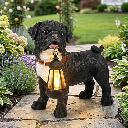 Black Pug Garden Statue with Solar Lantern and Interchangeable Signs (Welcome & On Patrol), Resin Dog Sculpture Outdoor Decor for Patio Yard Lawn Porch, Pug Lover Gifts, 12.2"