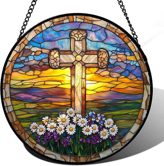 DASTOLL Christian Gifts for Women - Cross Stained Glass Window Hanging Jesus Easter Daisy Grassland Sunset Sun Catcher Garden Religion Decor Mother's Day Catholic Gift for Men Grandma Nana Her 6.3"