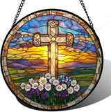 DASTOLL Christian Gifts for Women - Cross Stained Glass Window Hanging Jesus Easter Daisy Grassland Sunset Sun Catcher Garden Religion Decor Mother's Day Catholic Gift for Men Grandma Nana Her 7.8"