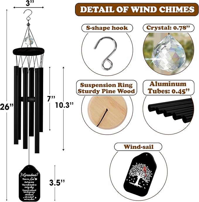 Crystal Sympathy Wind Chimes Loss of Grandma Black Memorial Remembrance Keepsake Grammy Gigi Nanny in Memory Condolence Gift for Family Fiends Funeral Garden Window Outdoor Hanging HW12-RB-GM