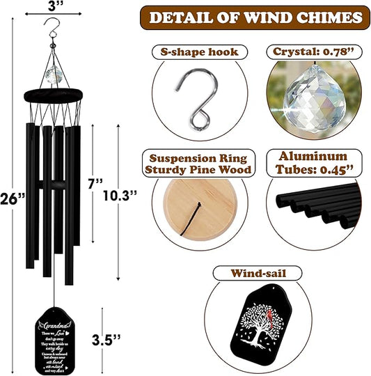 Crystal Sympathy Wind Chimes Loss of Grandma Black Memorial Remembrance Keepsake Grammy Gigi Nanny in Memory Condolence Gift for Family Fiends Funeral Garden Window Outdoor Hanging HW12-RB-GM