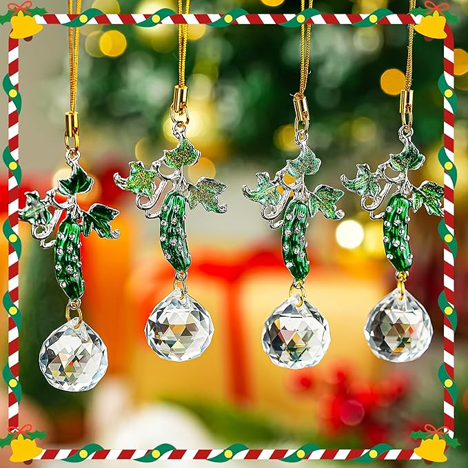 H&D HYALINE & DORA Set of 6 Rhinestones Pickle Crystal Suncatcher Pendant Cucumber Rainbow Pickle Sun Catcher Onraments for Tree Windows Garden Home Decor