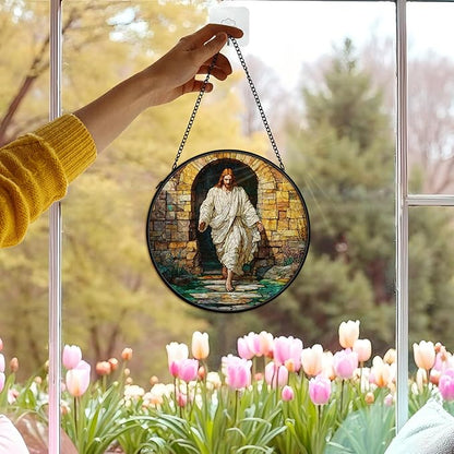 Easter Christian Empty Tomb Suncatcher Stained Glass Window Hanging Wall Decorations, Easter Christian Gifts for Women, Jesus He is Risen Sun Catchers Lawn Garden Window Hanging Art,7.9x7.9In