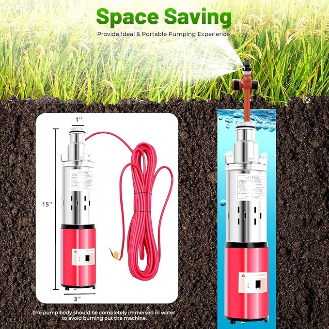Deep Well Submersible Pump, DC 12V 180W Stainless Steel Water Pump, 6.6GPM Flow, 82ft Lift, for Industrial Home Farm Ranch Irrigation 4500RPM with 49ft Electric Cord