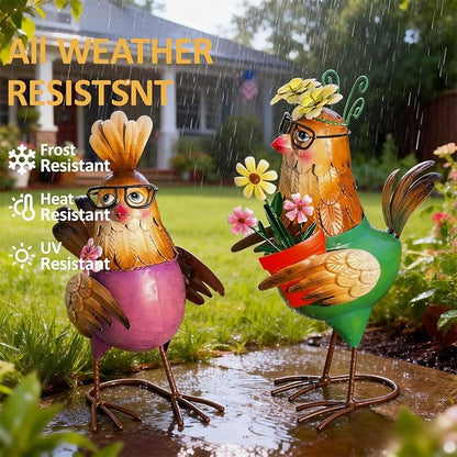 Natelf Metal Rooster & Hen Outdoor Statues Home Decor Hand-Painted Chicken Sculptures with Flower for Home Patio Lawn Backyard Farmhouse Kitchen Weather-Resistant Garden Ornament Gift Set